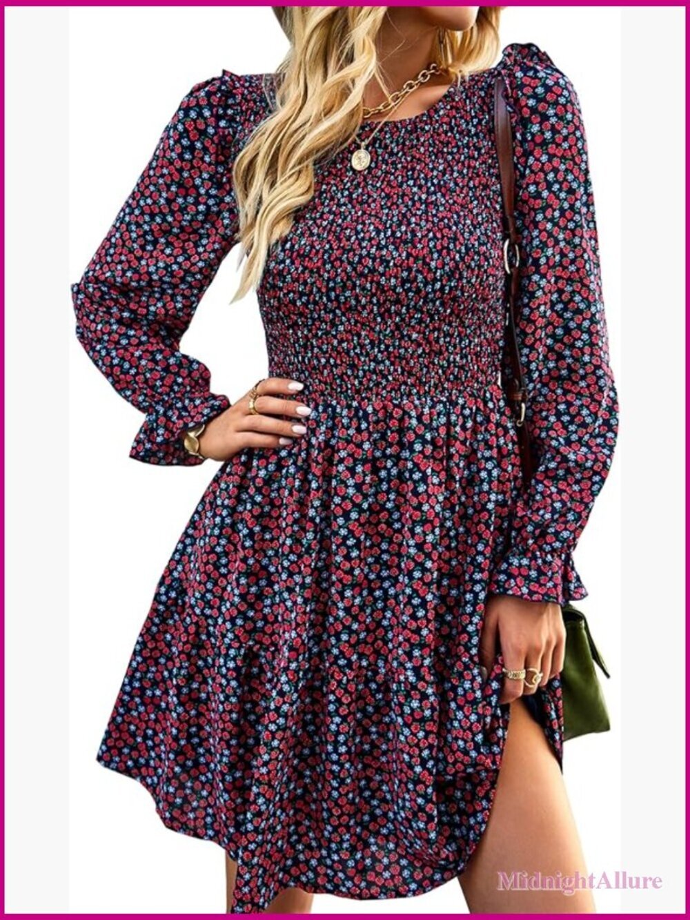 Long Sleeve Floral Smocked Ruffle A-Line Mini Dress for Women